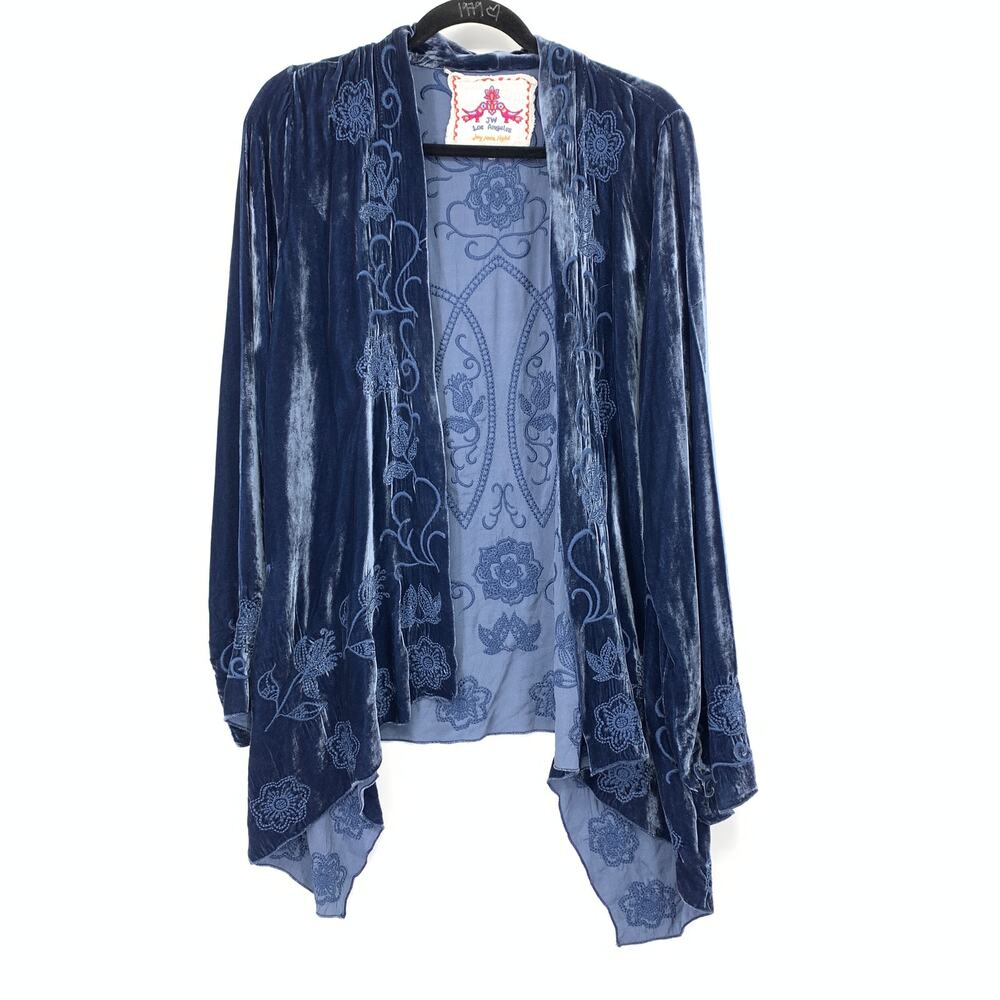Johnny Was Embroidered Open Front Kimono Jacket Womens Sz Medium Blue Velvet